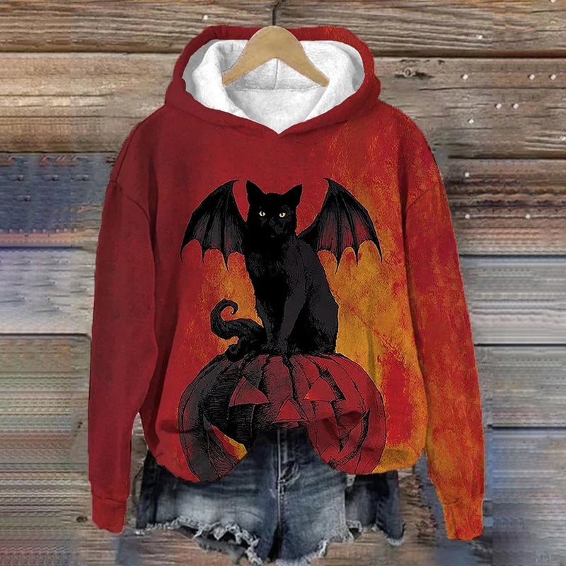 Halloween Waiting For The Witch Black Cat Pumpkin Print Casual Hoodie elevenforest