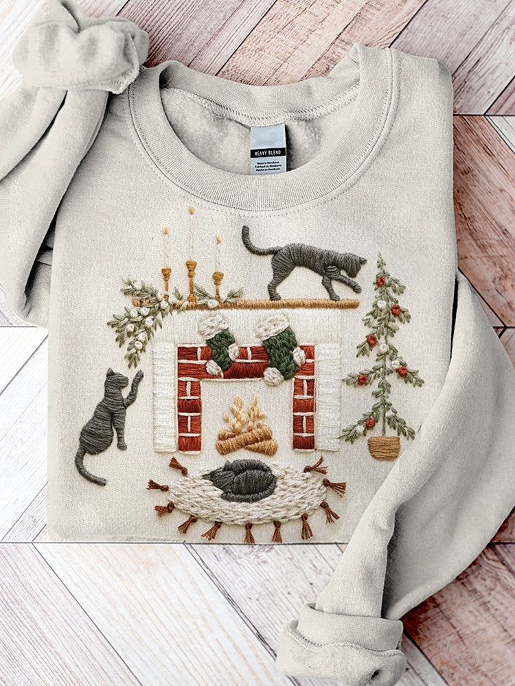 Cat Christmas Fireplace Embroidery Art Casual Cozy Sweatshirt elevenforest