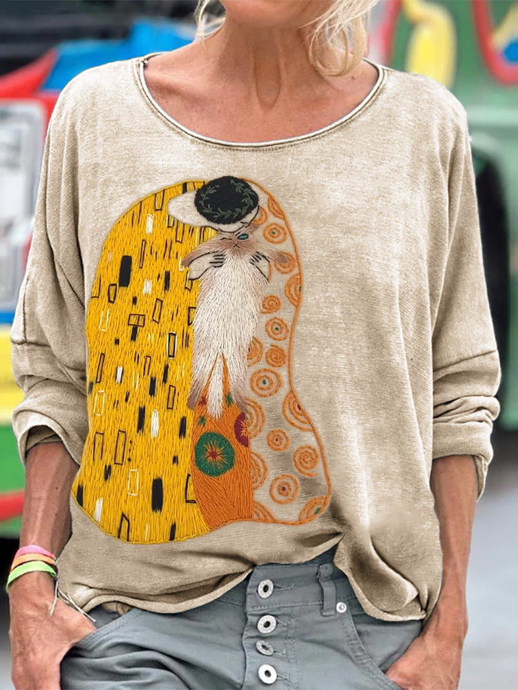 Funny Cat Lover The Kiss Embroidered Washed T Shirt elevenforest