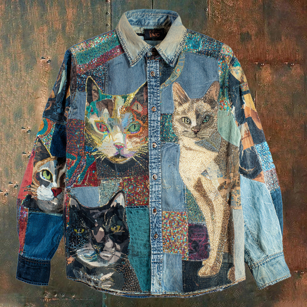 Vintage Abstract Cat Art Women's Long Sleeve Denim Shirt elevenforest