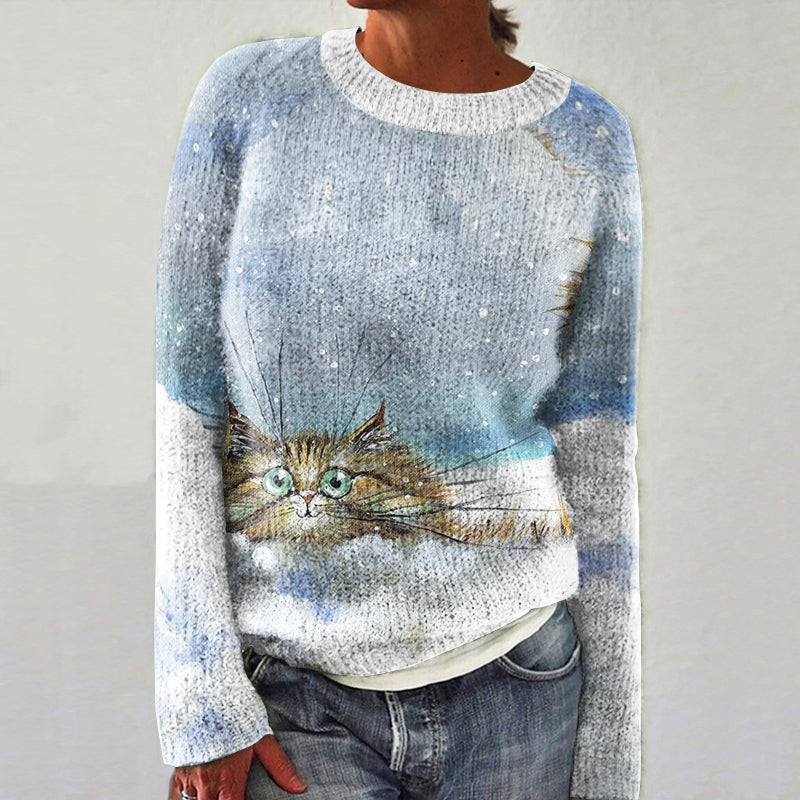 Playing In The Snow Cat Print Women's Sweater elevenforest