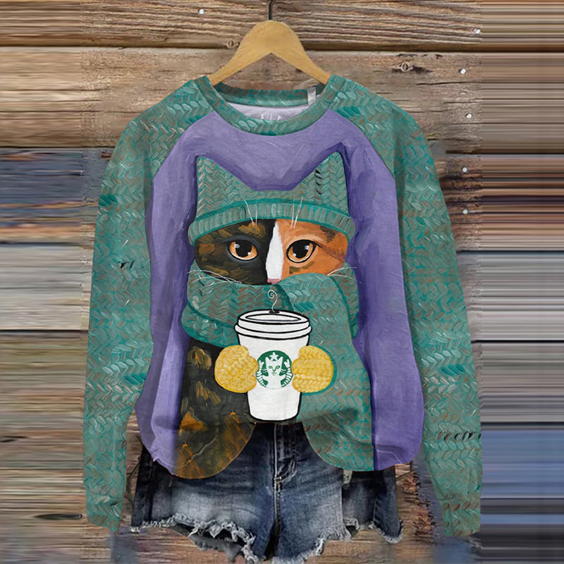 Abstract Creative Warm Cat Drink Coffee Print Crew Neck Casual Sweatshirt elevenforest