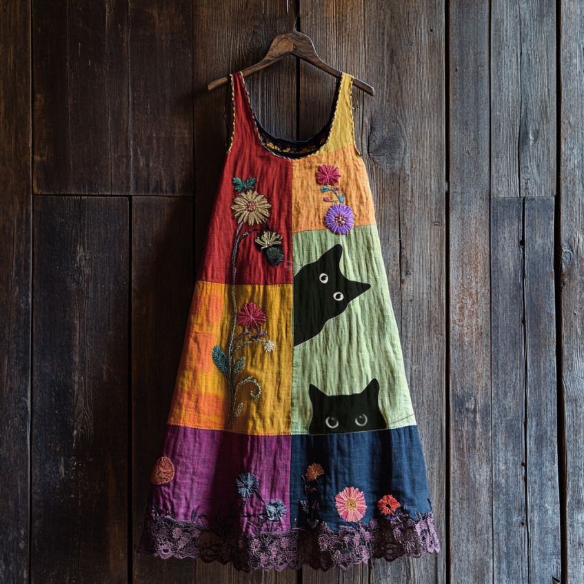 Vintage Abstract Creative Cute Black Cat With Floral Patchwork Art Linen Tank Dress elevenforest