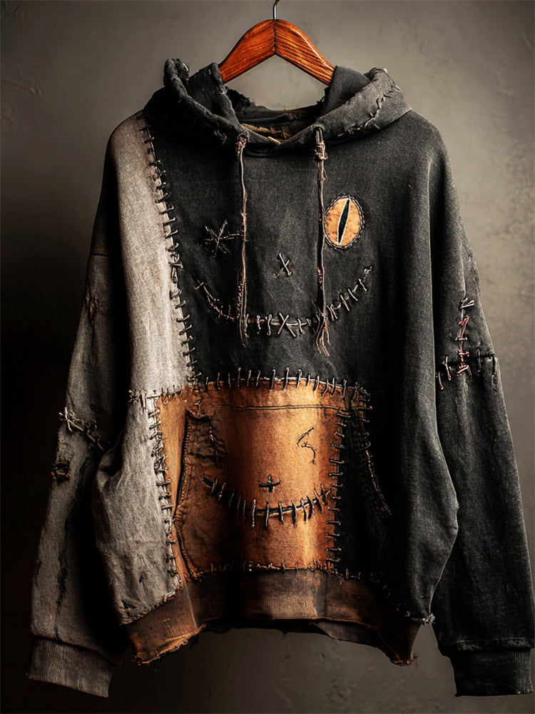 Halloween Black Cat Face Colorblock Patchwork Washed Hoodie elevenforest