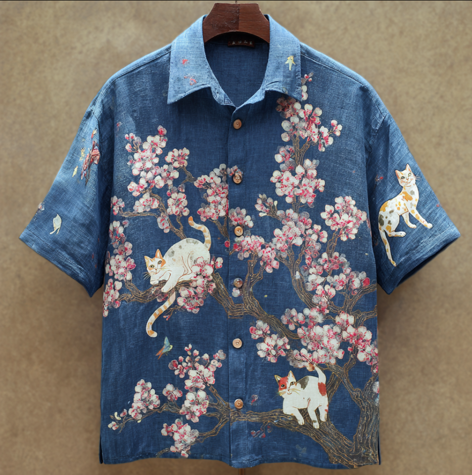 Japanese Art Style Cat And Cherry Blossom Elements Men's Short Sleeve Shirt elevenforest