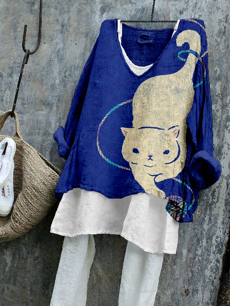 Lovely Cat Graphic Linen Blend Cozy Tunic elevenforest