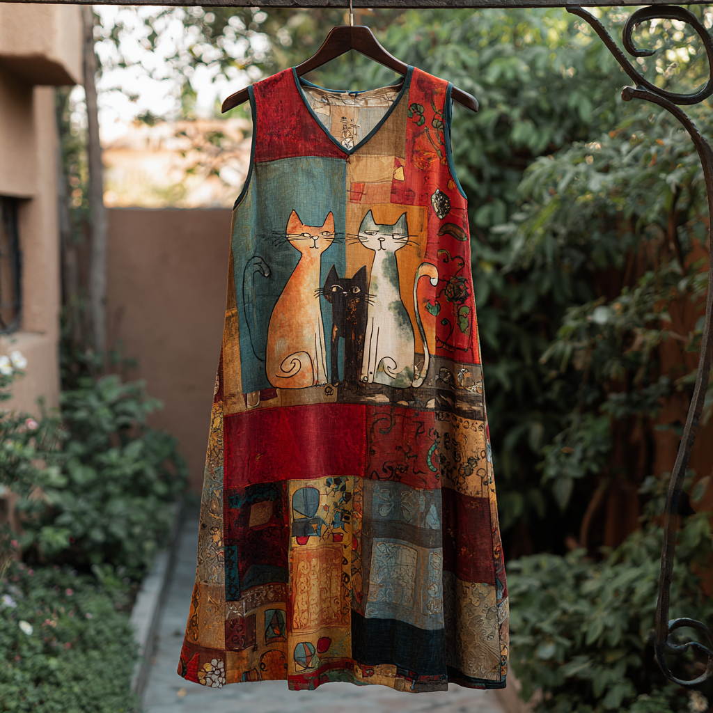 Women's Vintage Floral Cat Oil Painting Art Patchwork Sleeveless Dress elevenforest