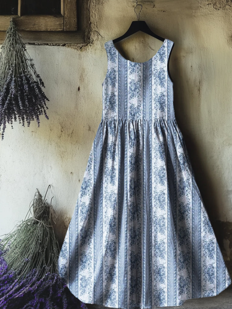 Women's Vintage Ethnic Floral Art Print Sleeveless Cotton Pocket Dress