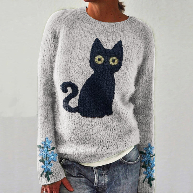 Floral Black Cat Design Print Women's Sweater elevenforest