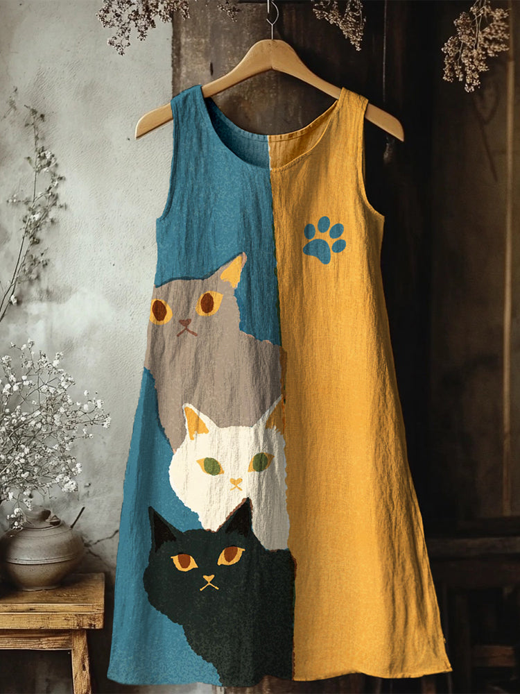 Cute Peeking Cats Pattern Linen Tank Dress elevenforest