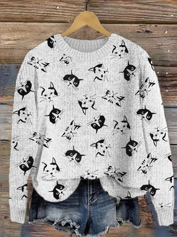 Cat Art Crew Neck Cozy Sweater elevenforest