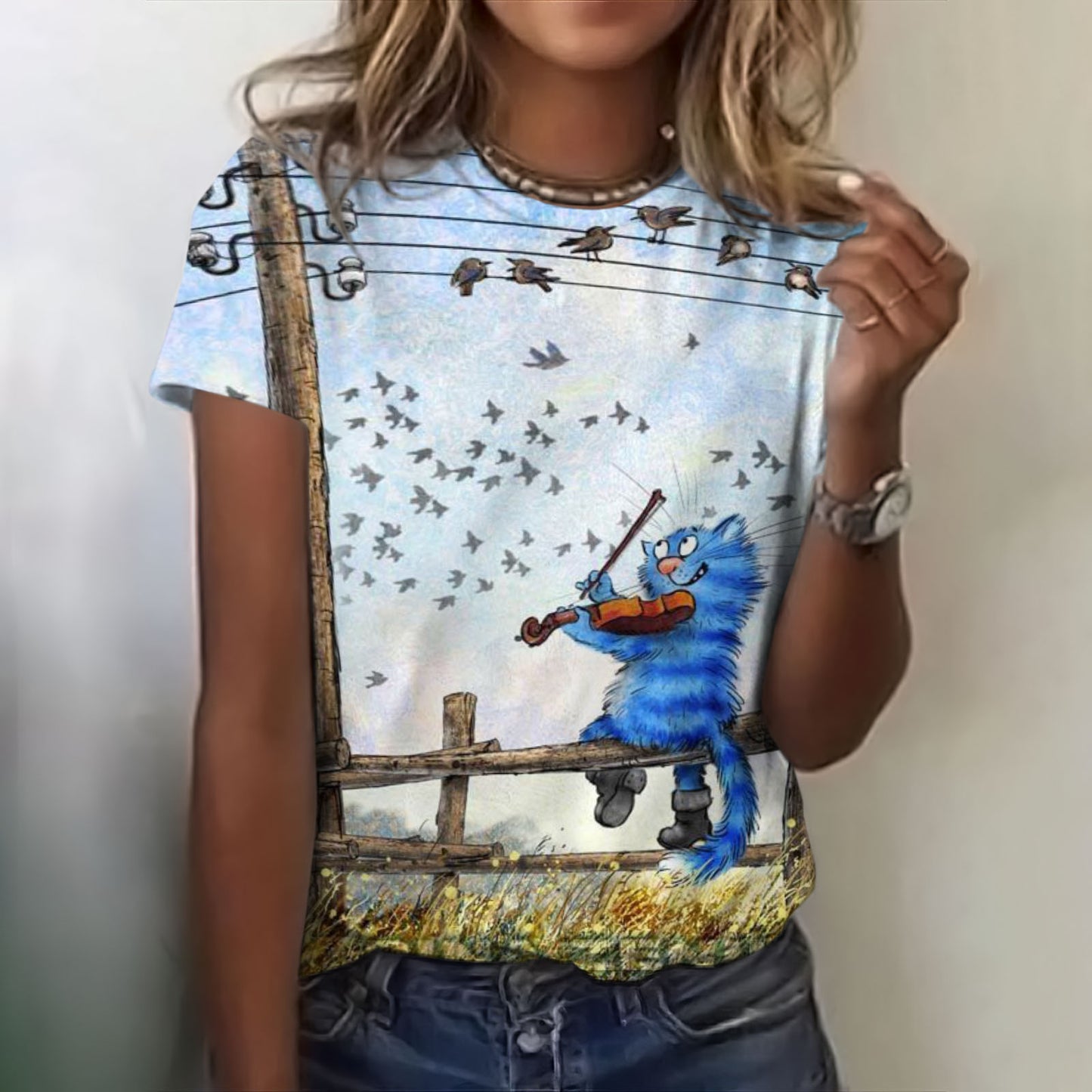 Vintage Guitar Cat Poster Print Women'S T-Shirt elevenforest