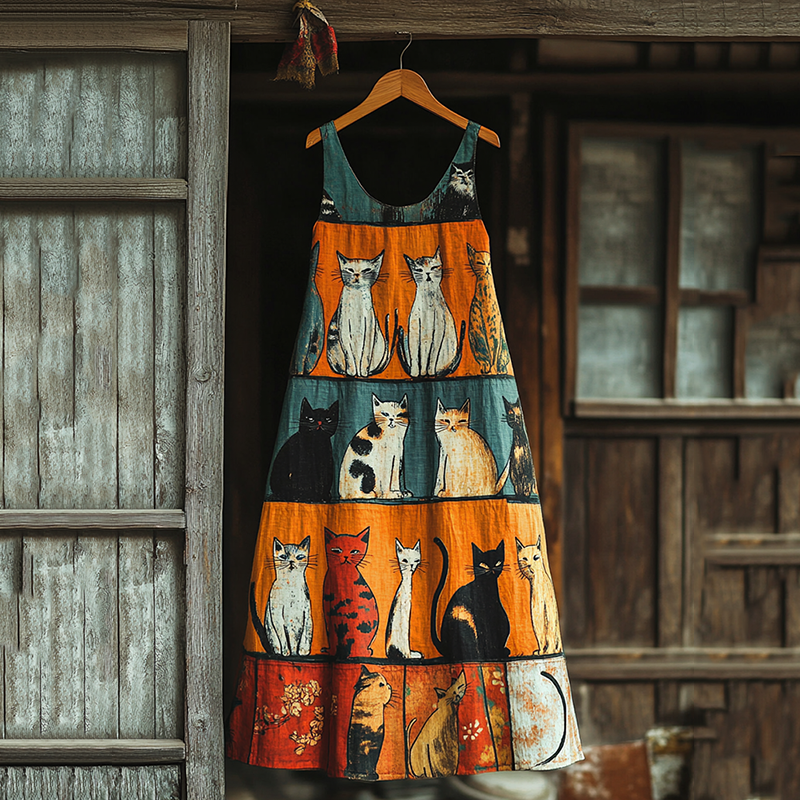 Pop Art Cute Cat Patchwork Design Cotton Linen Sling Dress elevenforest
