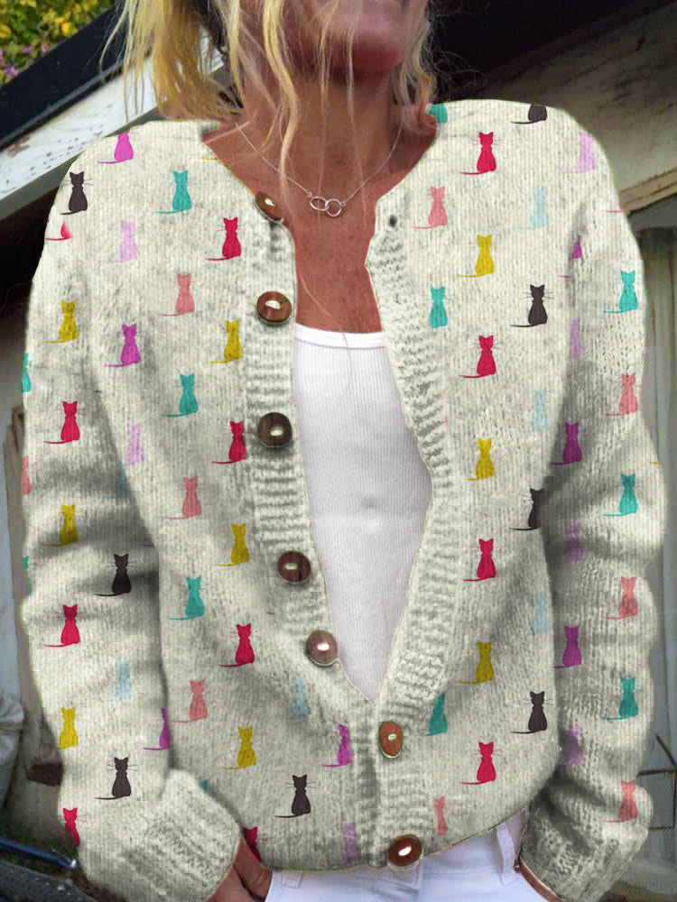 Colorful Cats Print Women's Knitted Cardigan elevenforest