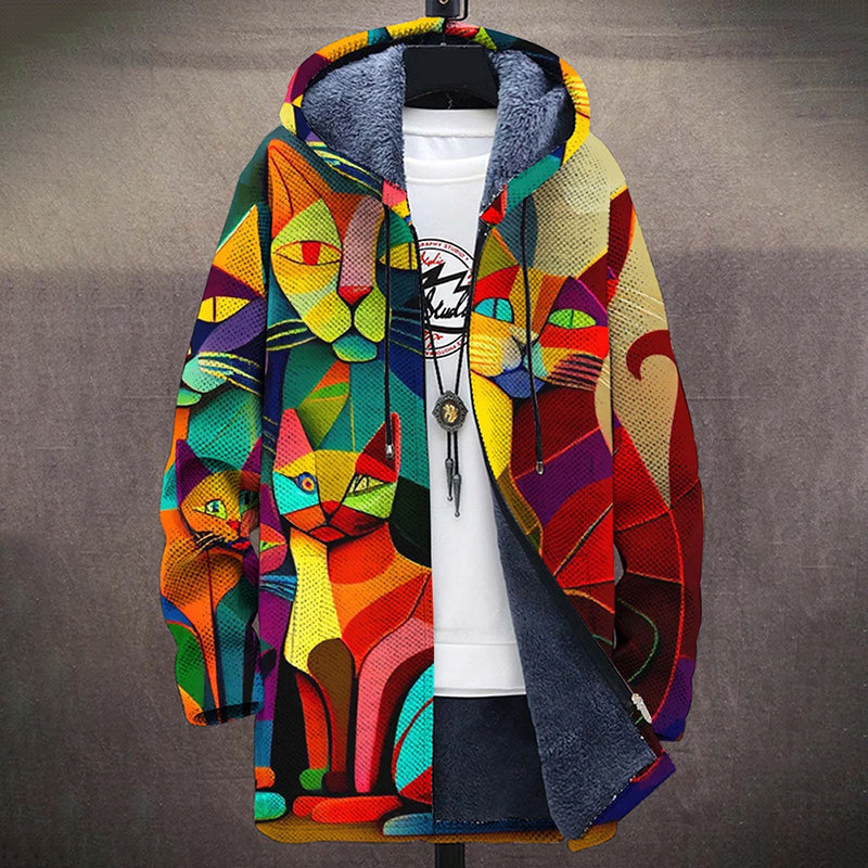 Abstract Art Cat Print Plush Thickened Long Sleeve Sweater Jacket Cardigan elevenforest