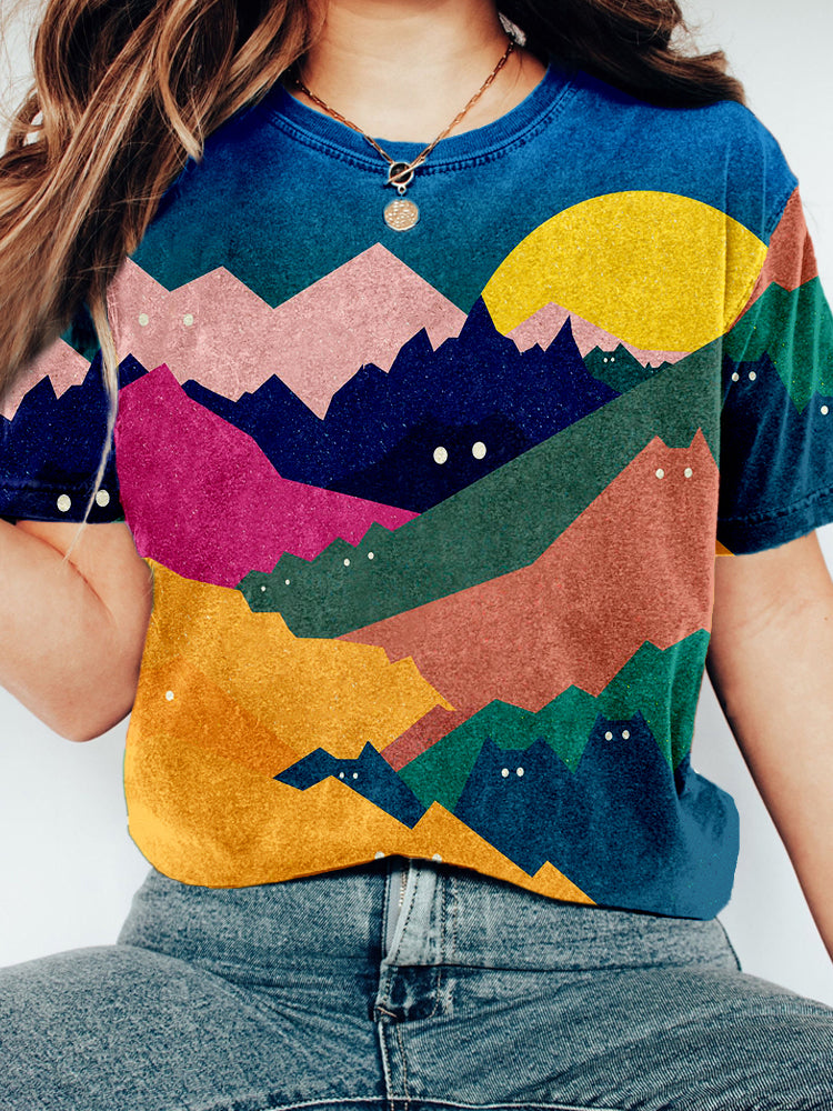 Cats And Mountains Art Vintage Washed T Shirt elevenforest