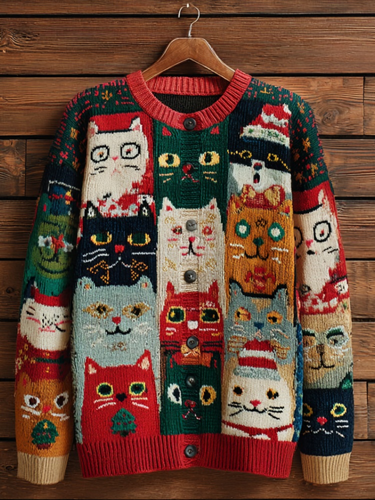 Christmas Fun Cat Lady Round Neck Knitted Sweater Coat artswardrobe