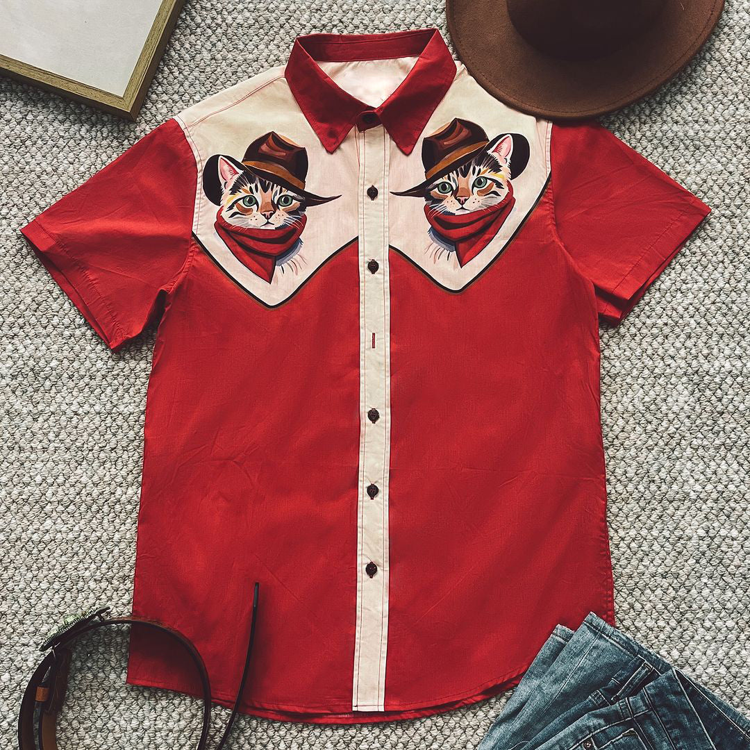 Men's Western Funny Cowboy Cat Print Cotton Blend Shirt elevenforest