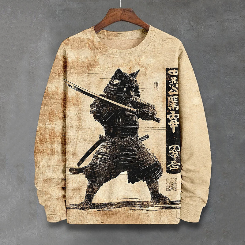 Men's Japanese Katana Cat Samurai Retro Print Casual Sweatshirt elevenforest
