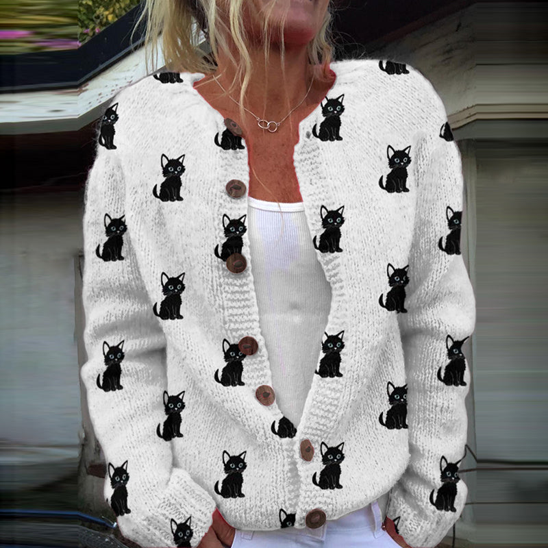 Cat Print Casual Knitted Cardigan elevenforest