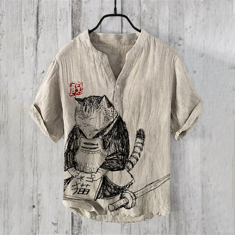 Retro Cat Japanese Bushido Art Print Half Button Linen Blend Shirt elevenforest