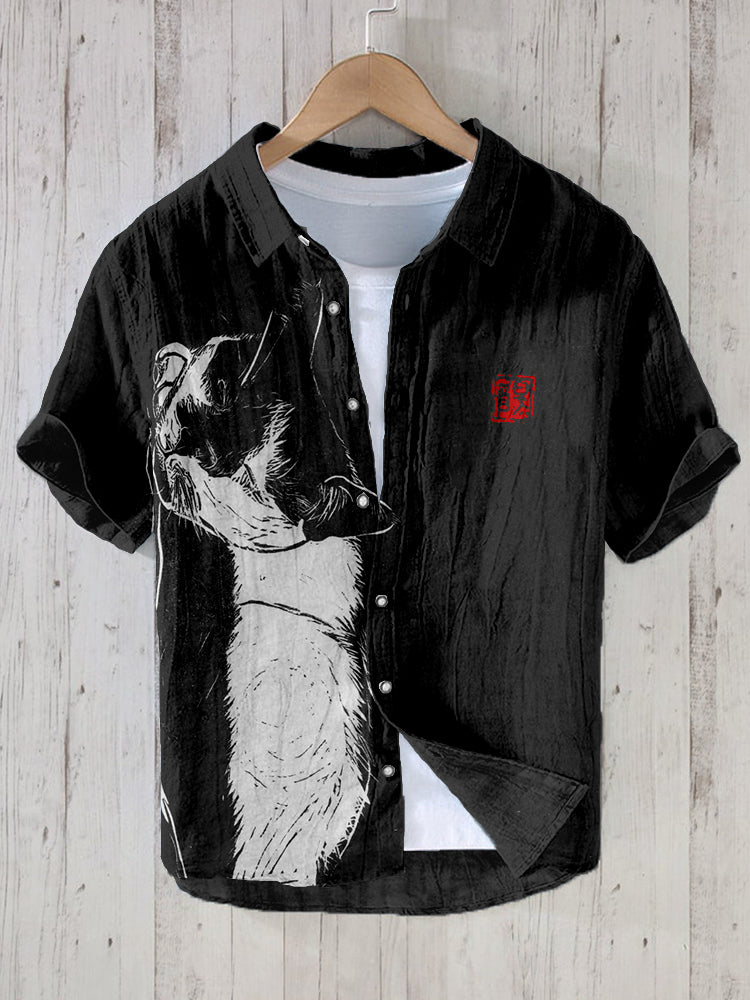 Sleeping Cat Japanese Lino Art Linen Blend Shirt elevenforest
