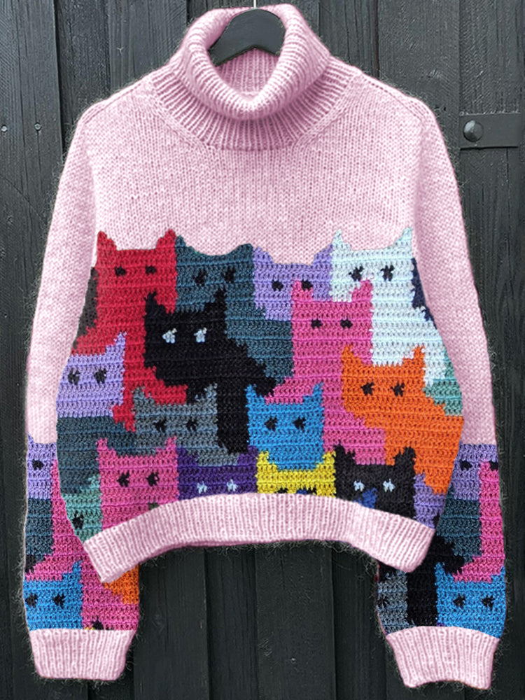 Colorful Cats Pattern Cozy Soft Knit Sweater elevenforest