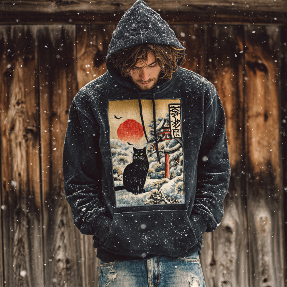 Japanese Black Cat Snow Figure Men's Hooded Sweatshirt elevenforest