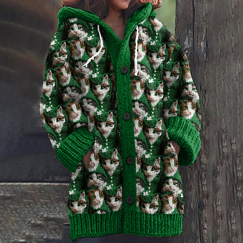 Cat Print Knitted Hooded Cardigan elevenforest