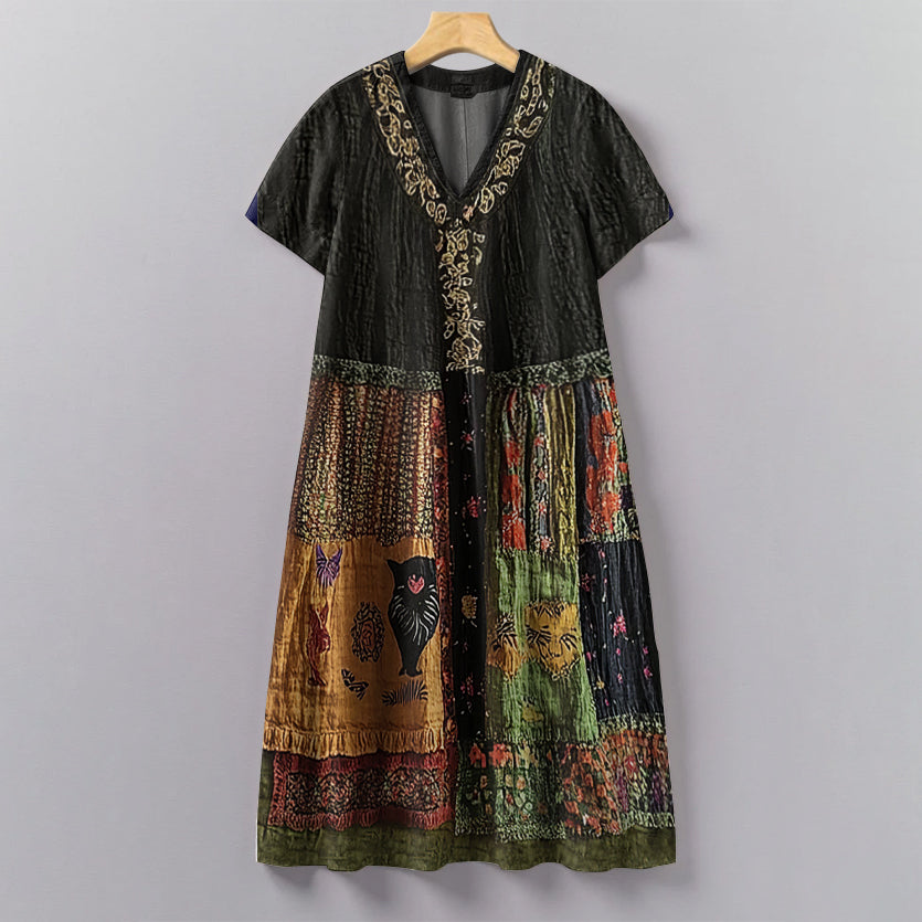 Women's Vintage Floral Cat Patch Art Comfort Dress elevenforest