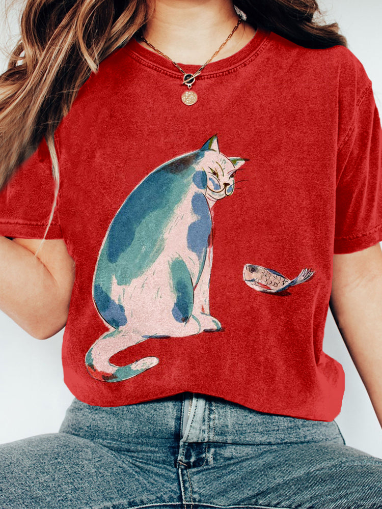 Funny Cat & Fish Japanese Art Vintage Cozy T Shirt elevenforest