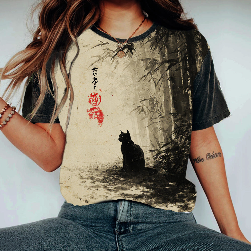 Bamboo Forest Lonely Shadow Cat Lady Short-sleeved Round-neck Top elevenforest