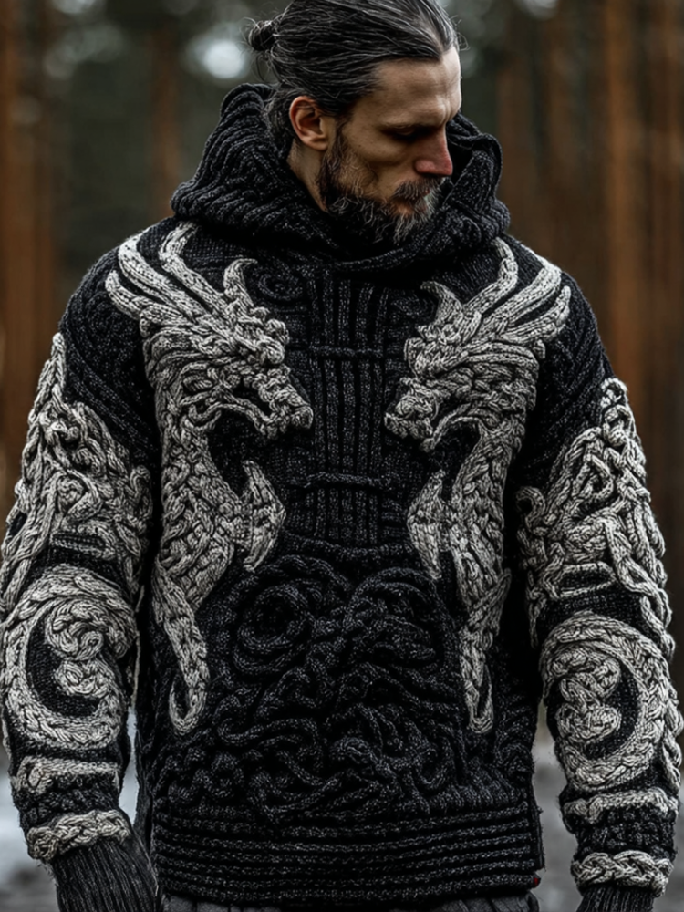 Men's Viking-style Winter Warm Hooded Knitted Sweater artswardrobe
