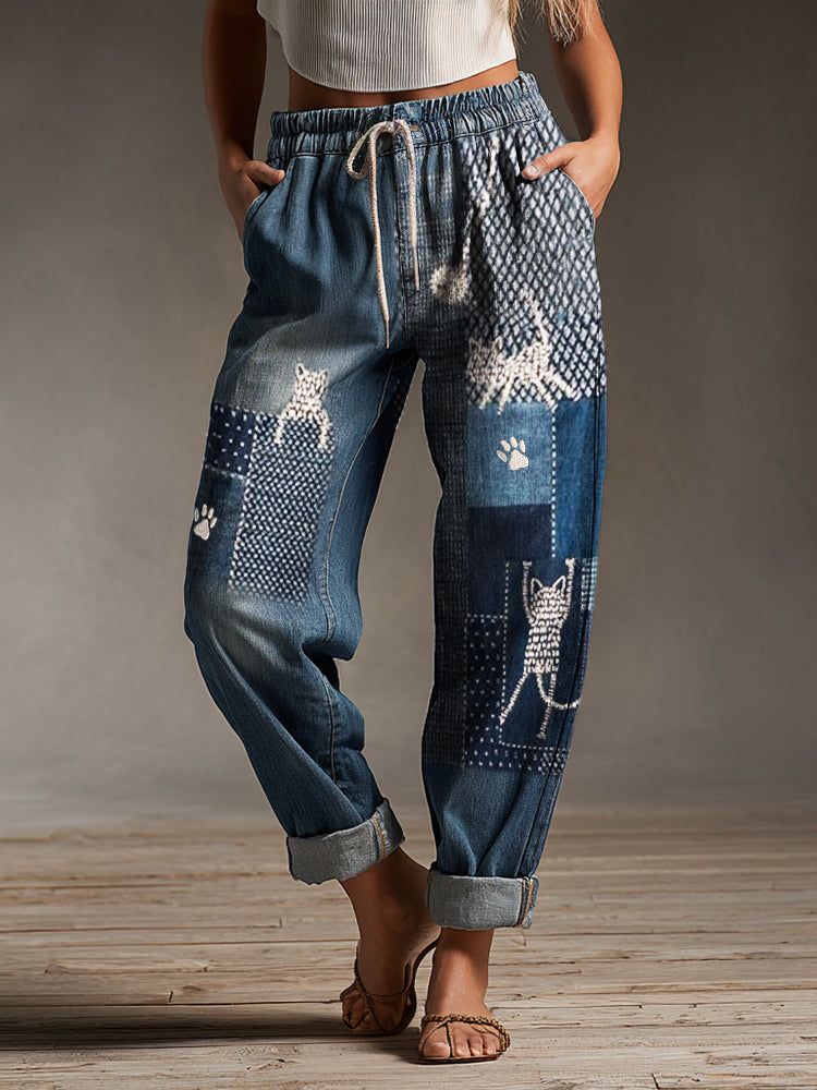 Cats & Paw Prints Japanese Sashiko Embroidered Drawstring Casual Pants elevenforest