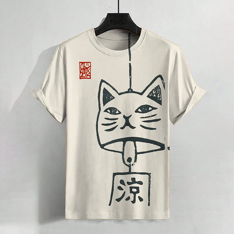 Men's Japanese Cat Wind Chimes Art Drawing Print T-Shirt elevenforest