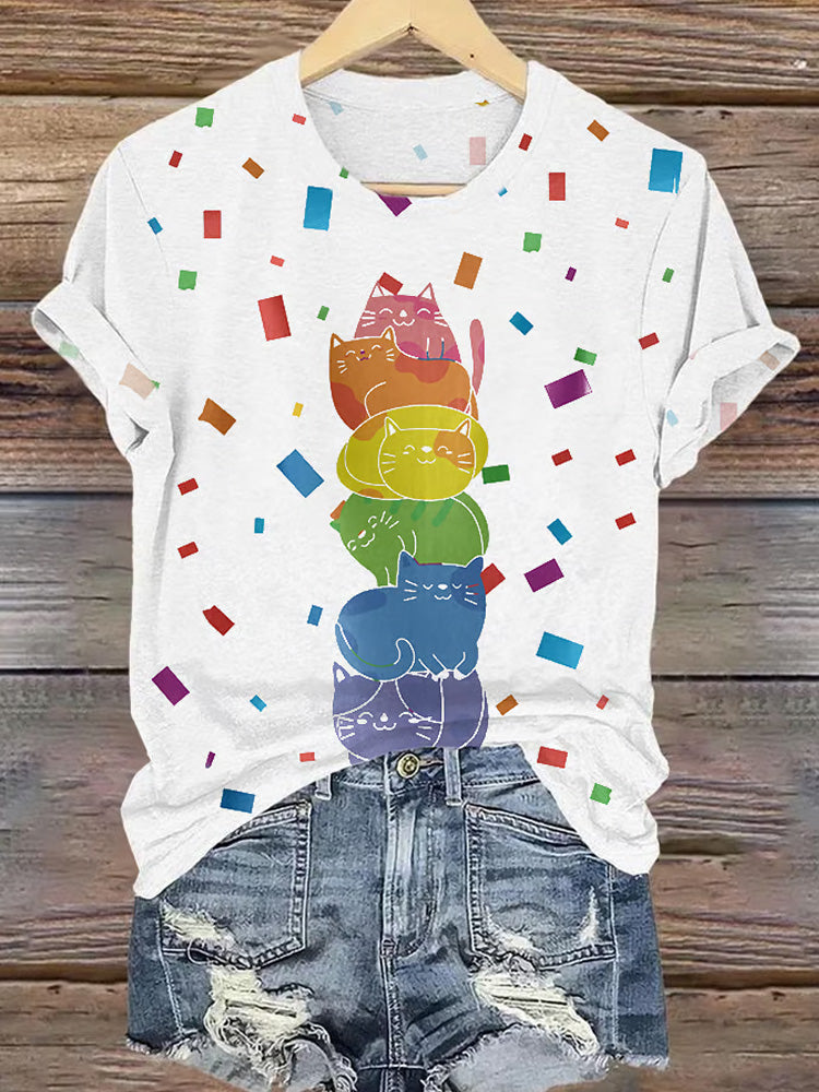 Retro Pride Parade Cats Print T-shirt elevenforest