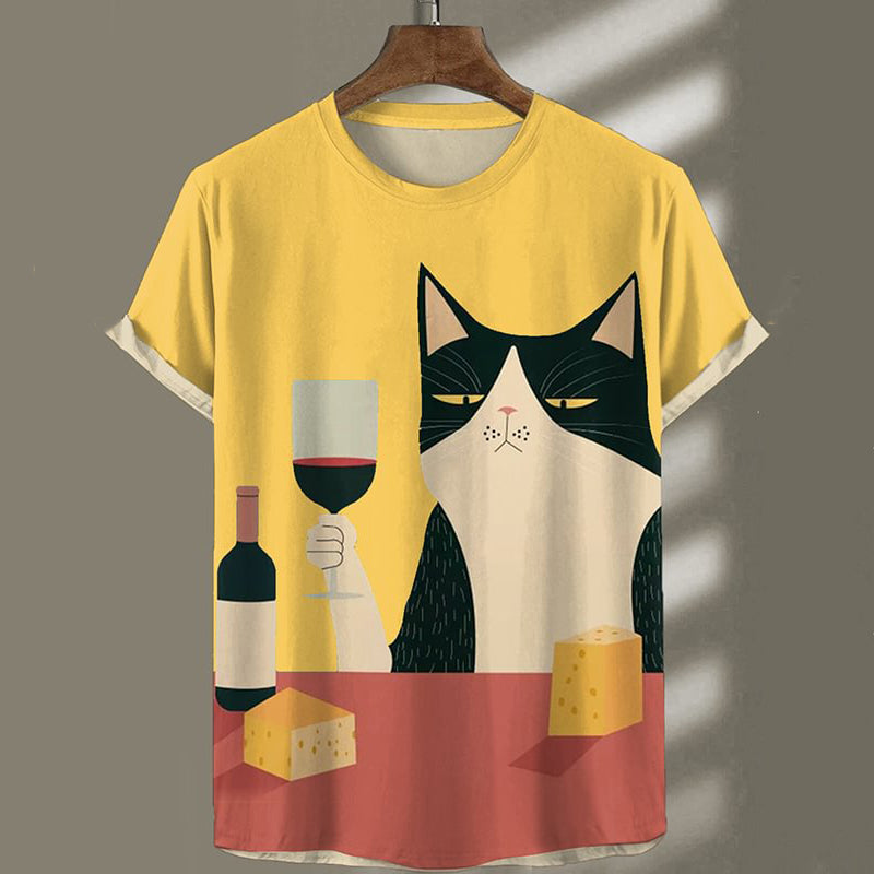Men's Fun Swallowtail Cat Burgundy Color Block Art Print T-Shirt elevenforest