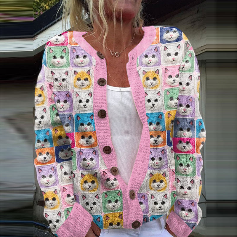 Cute Cat Print Knitted Cardigan elevenforest