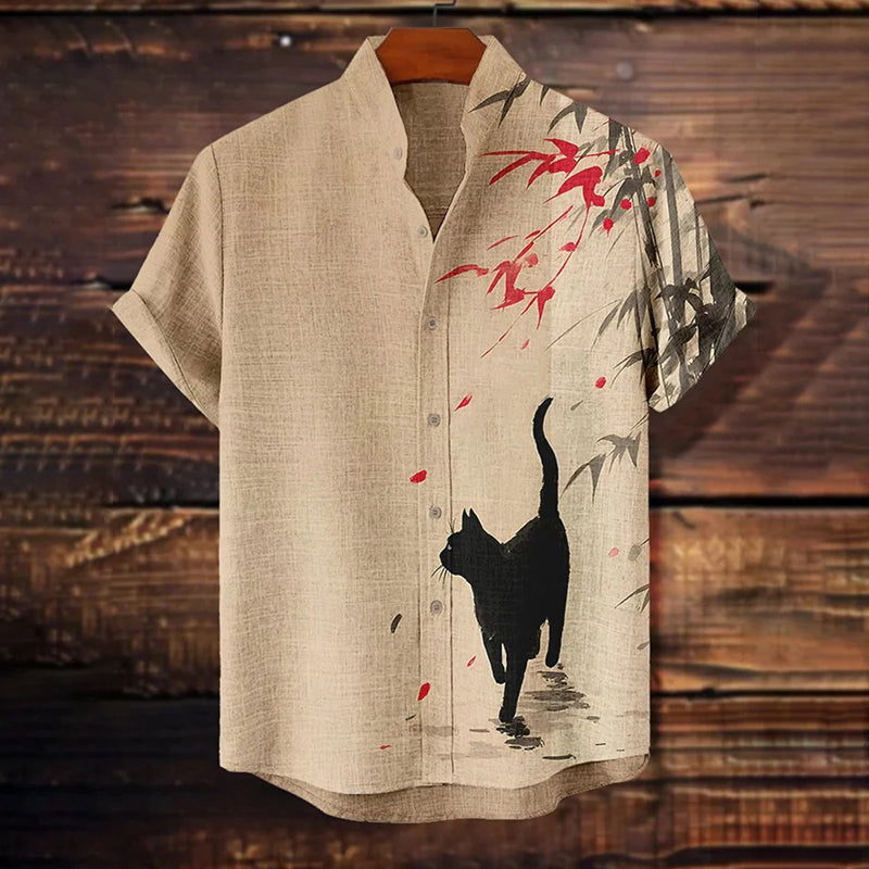 Men's Black Cat Walking In Bamboo Forest Ink Painting Print Casual Shirt elevenforest