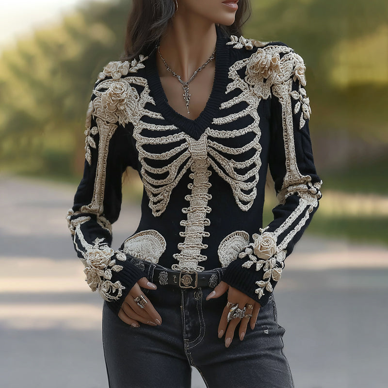 Women's Halloween Skeleton Bones With Roses Art Knitted Warm Sweater artswardrobe