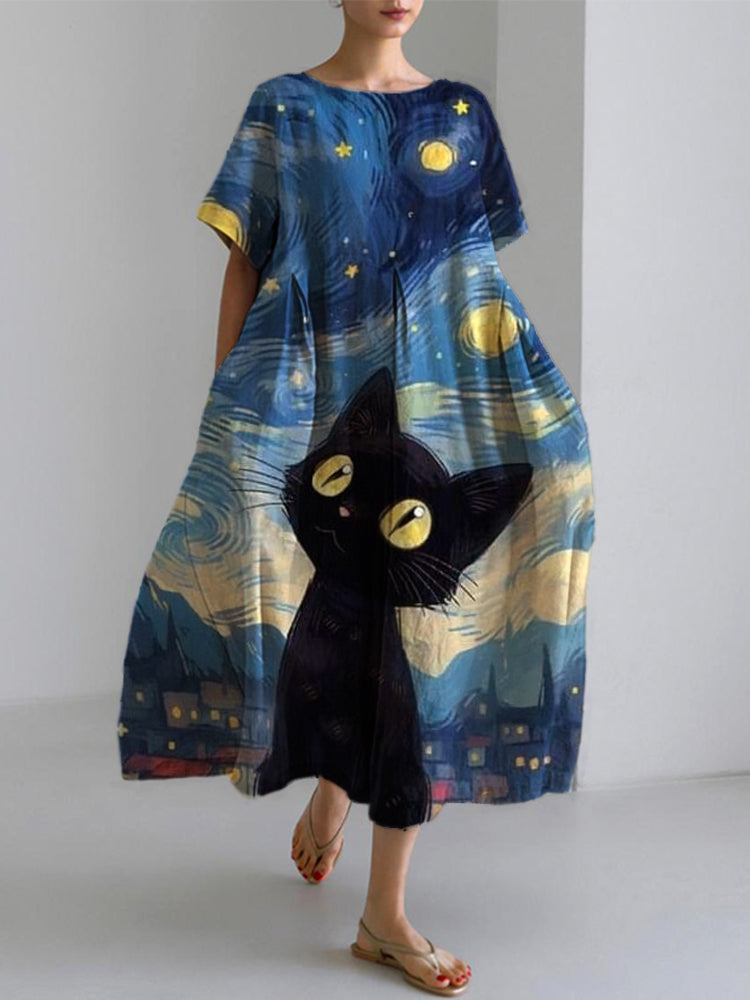 The Starry Night Cat Oil Painting Print Dress elevenforest