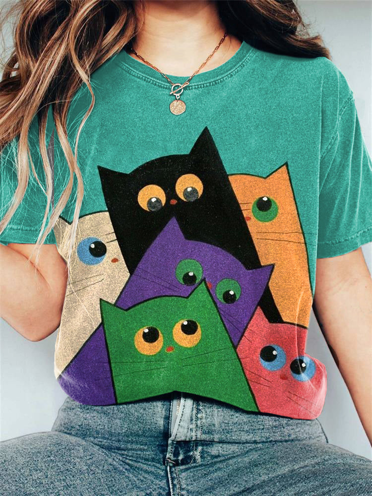 Colorful Cats Print Casual Vintage T-Shirt elevenforest