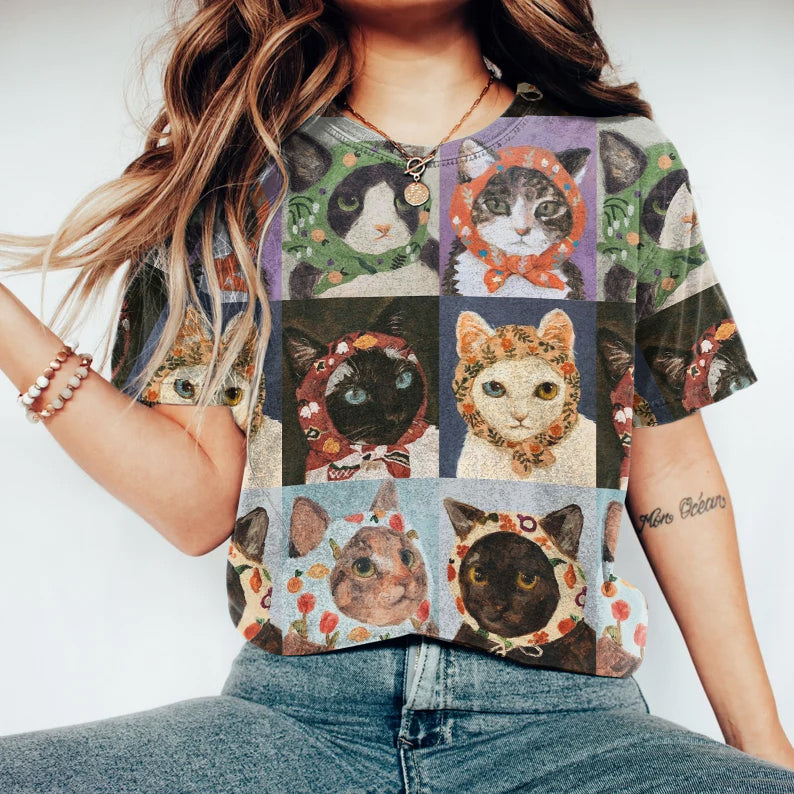 Cute Cat Geometry Printed Women's Vintage Washed T-shirt elevenforest