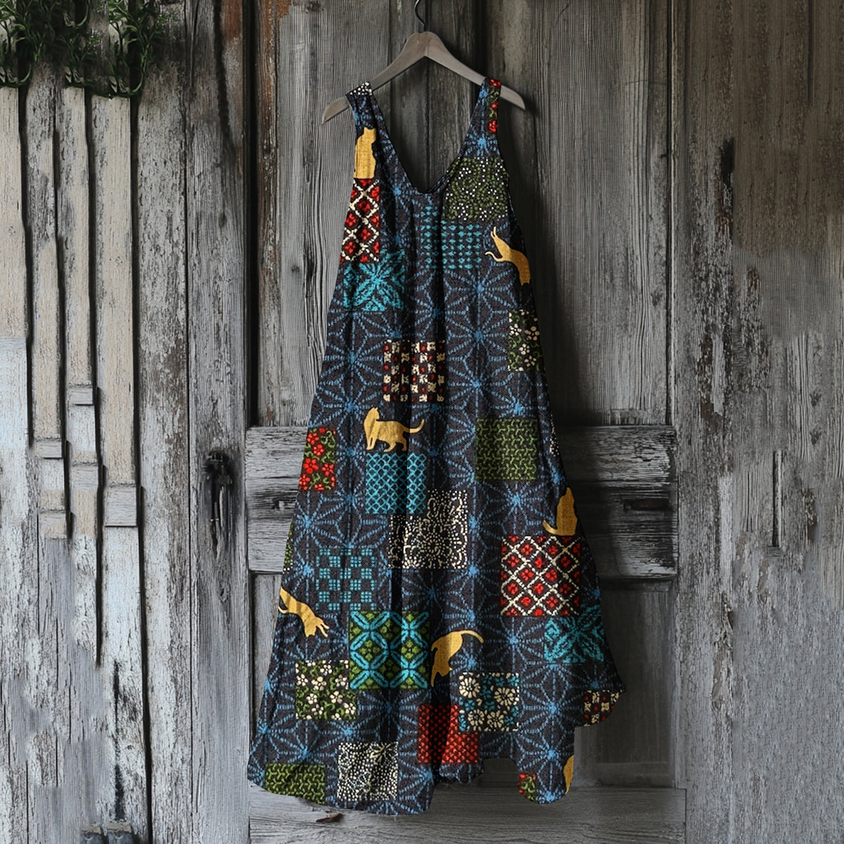 Women's Vintage Cat Geometric Art Linen Tank Dress elevenforest