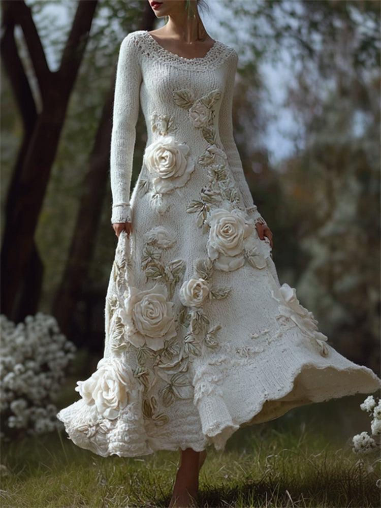 Classy White Roses Beaded Cozy Maxi Sweater Dress artswardrobe