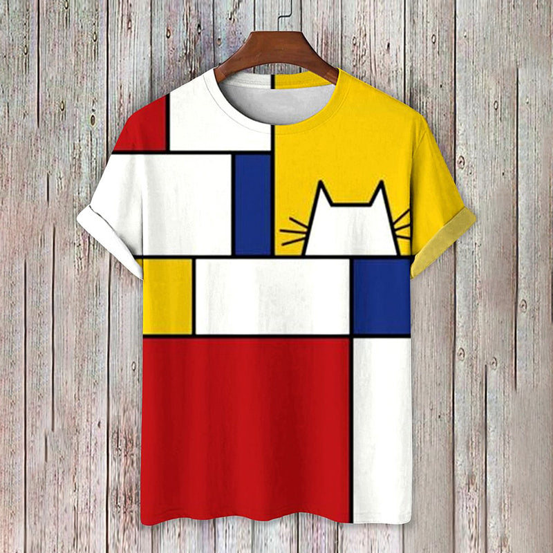 Red Yellow Blue Color Block Art Print Casual T-Shirt elevenforest