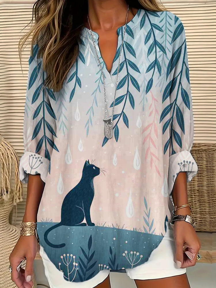 Elegant Cat Element Printed Women's V-neck Long Sleeve Shirt elevenforest