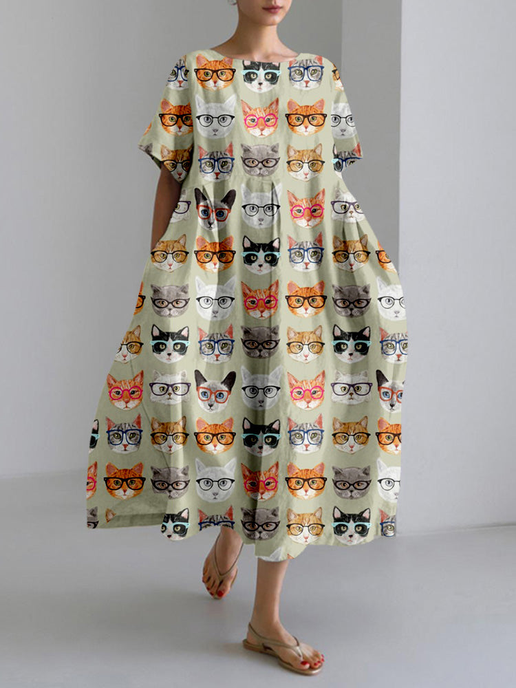 Spectacular Cats Pattern Linen Blend Maxi Dress elevenforest