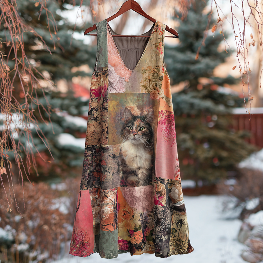 Women's Vintage Floral Cat Oil Painting Art Patchwork V-neck Dress elevenforest