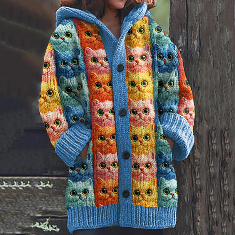 Vintage Cute Family Of Cat Art Women's Sweater Hooded Cardigan elevenforest